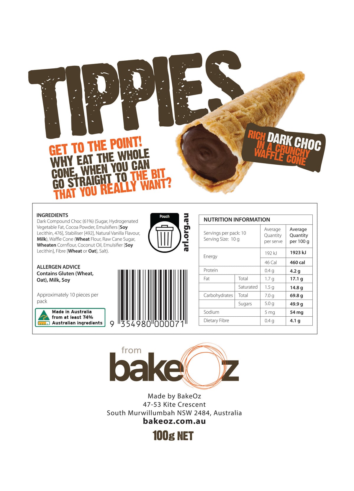 Back of the BakeOz Dark Choc Tippies pouch showing the ingredient and nutrition panel