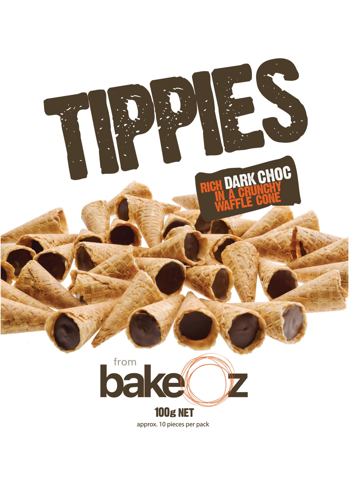 Front of a BakeOz Dark Choc Tippies 100g resealable pouch — waffle cone tips with a dark chocolate flavoured filling