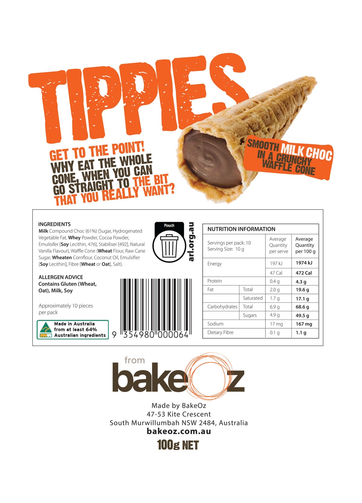Back of the BakeOz Milk Choc Tippies pouch showing the ingredient and nutrition panel