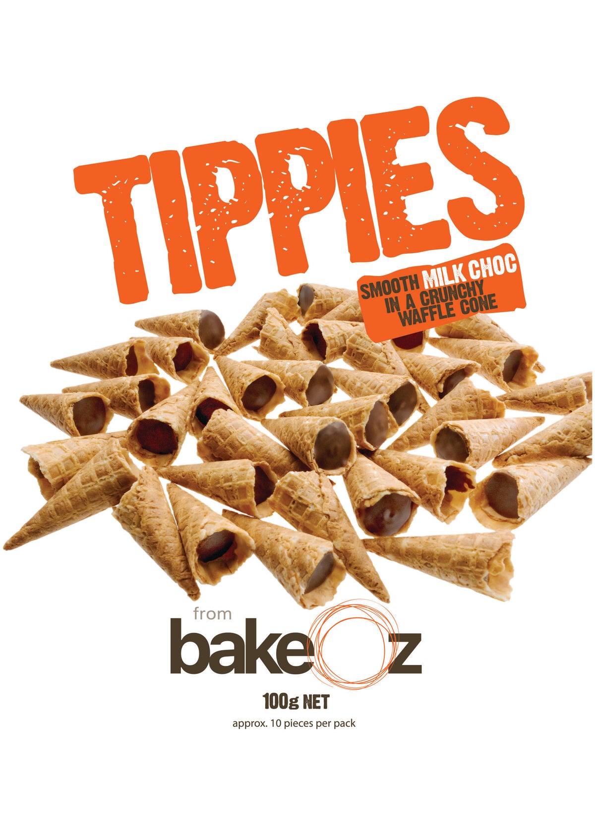 Front of a BakeOz Milk Choc Tippies 100g resealable pouch — waffle cone tips with a milk chocolate flavoured filling