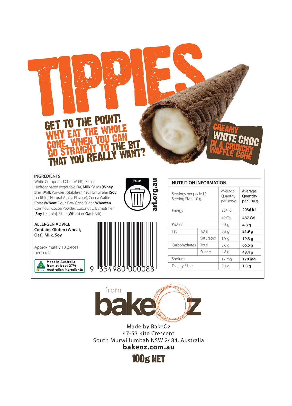 Back of the BakeOz White Choc Tippies pouch showing the ingredient and nutrition panel