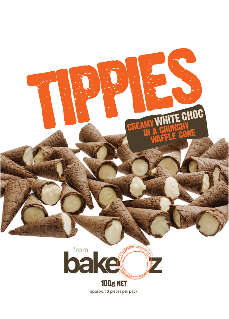 Front of a BakeOz White Choc Tippies 100g resealable pouch — waffle cone tips with a white chocolate flavoured filling